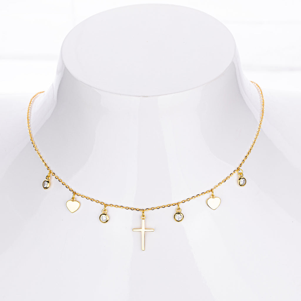 Dainty CZ Heart Cross Charm Necklace in 925 Sterling Silver