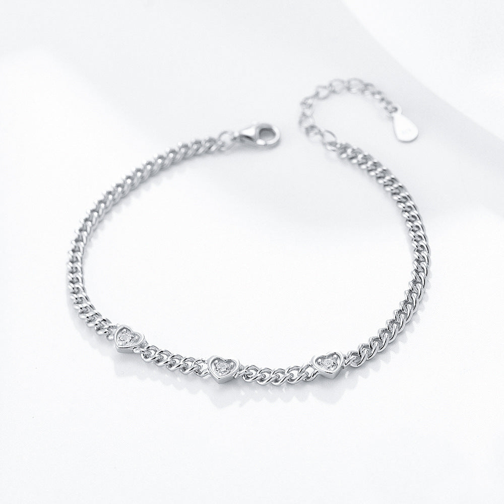 S925 Sterling Silver Heart-Shaped Zircon Bracelet