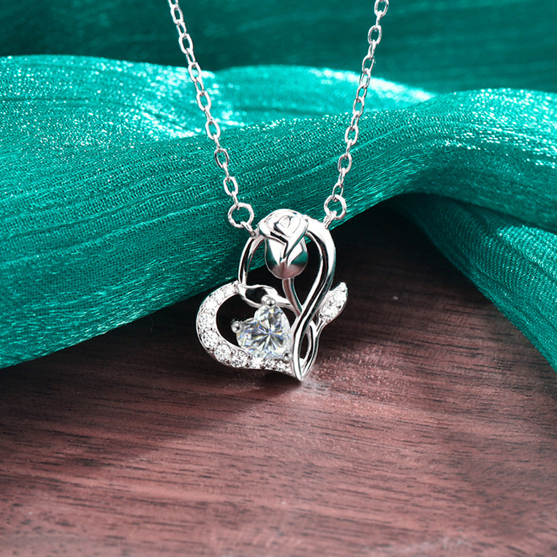 S925 Sterling Silver Rose Heart Moissanite Necklace