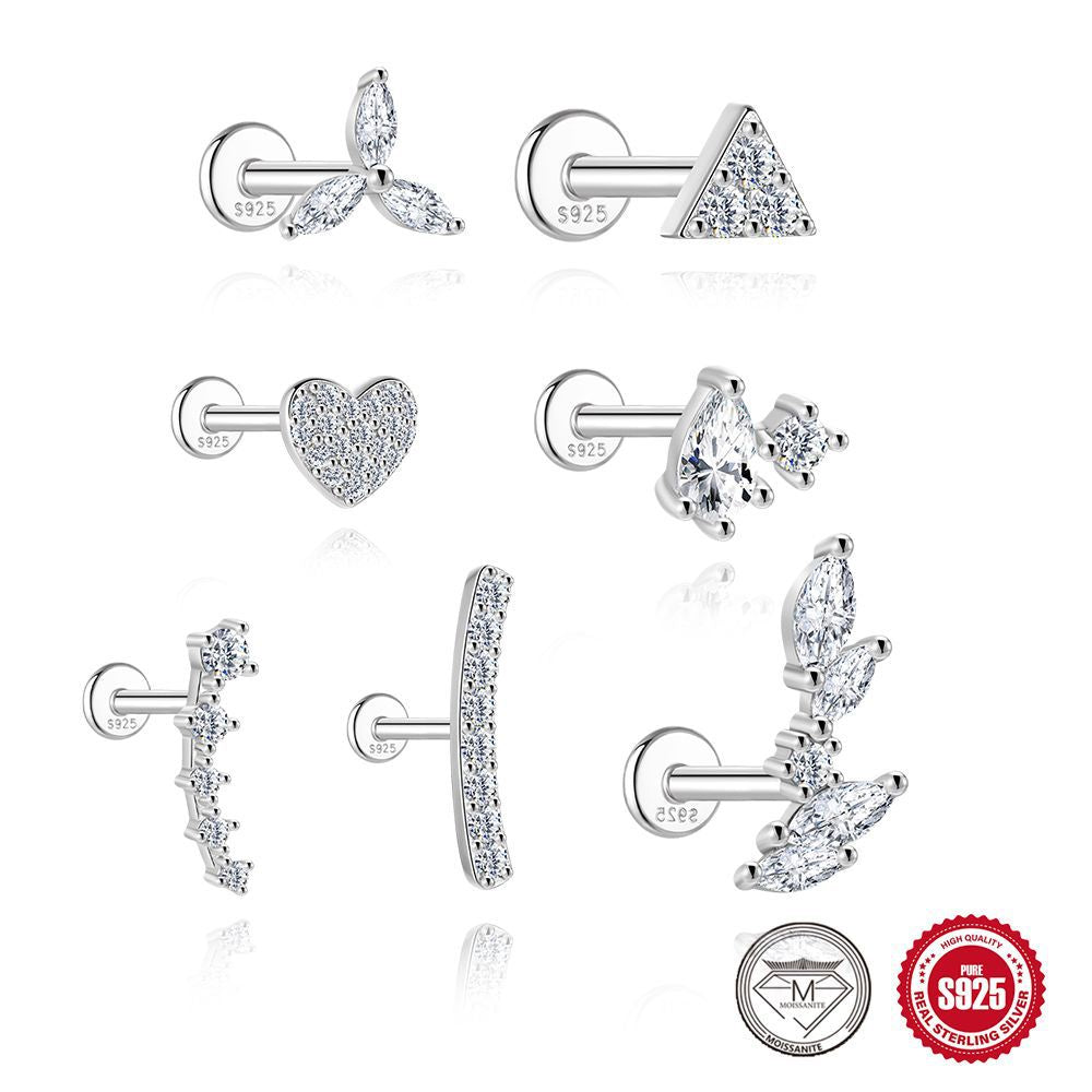 S925 Sterling Silver Moissanite Flat-Back Threaded Cartilage Stud(Single unit)