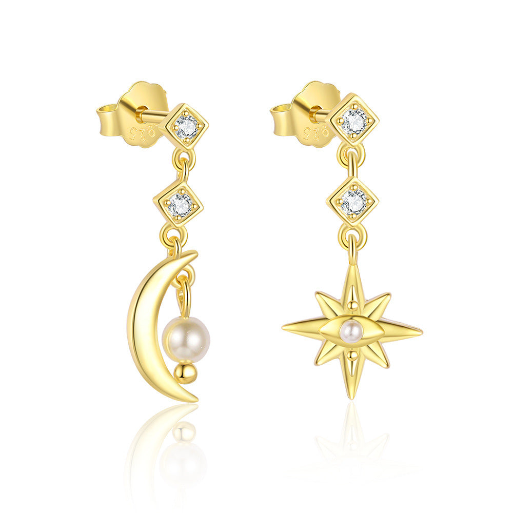 S925 Sterling Silver Star and Moon Stud Earrings with Zirconia