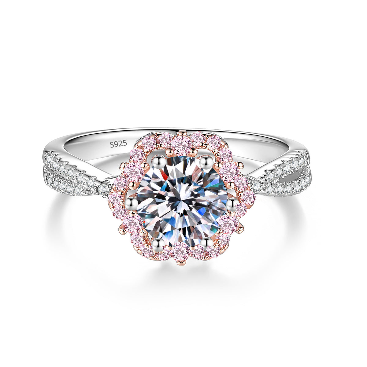 s925 Sterling Silver 1-Carat Moissanite Flower Ring with Twisted Shank