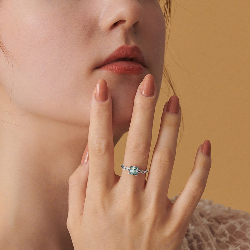S925 Sterling Silver Sugar Cube Green Moss Ring