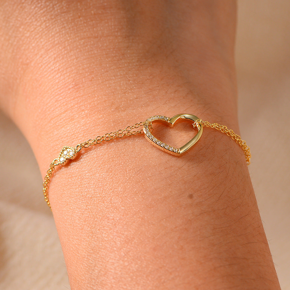 S925 Sterling Silver Zircon Inlaid Heart-Shaped Double-Layer Bracelet