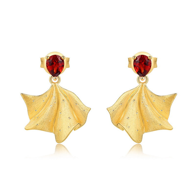 S925 Sterling Silver Gold-Plated Garnet Fan-Shaped Ginkgo Leaf Earrings