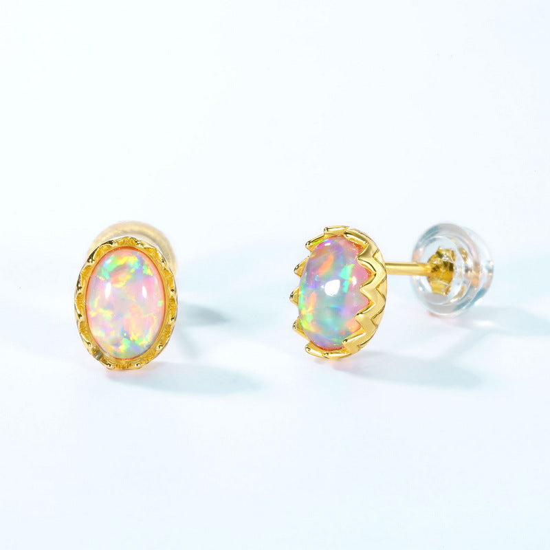 S925 Sterling Silver Gold-Plated Vintage Opal Stud Earrings