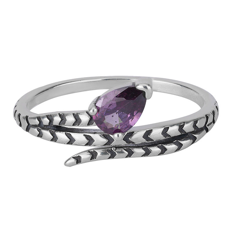 S925 Sterling Silver Halloween-Style Antiqued Snake Ring Set with Purple Zirconia