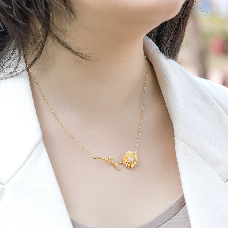 S925 Sterling Silver Sunflower Zircon Inlaid Necklace