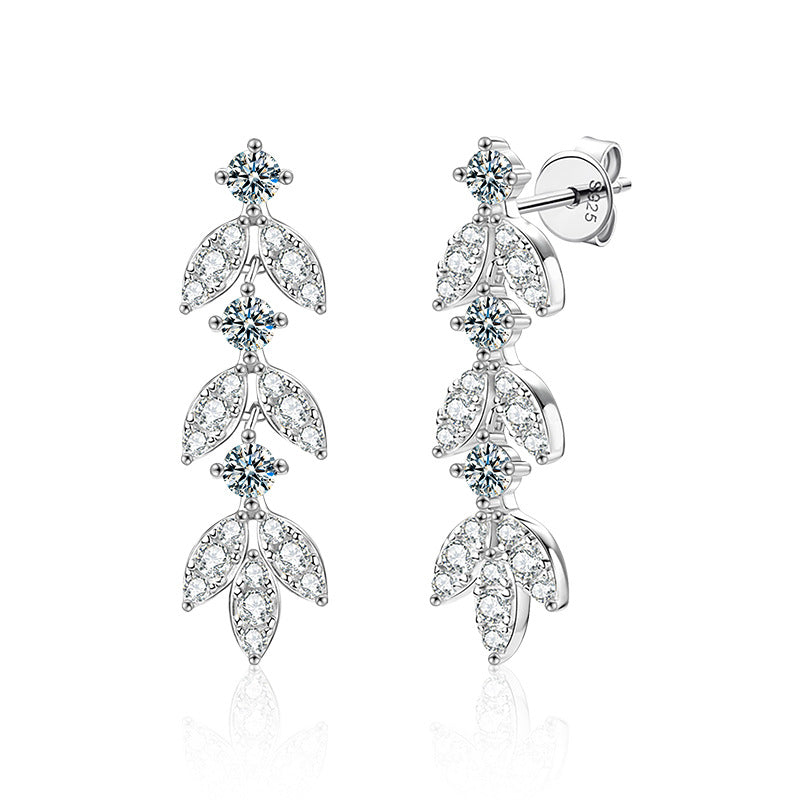 S925 Sterling Silver Leaf Drop Earrings with Moissanite Tassels