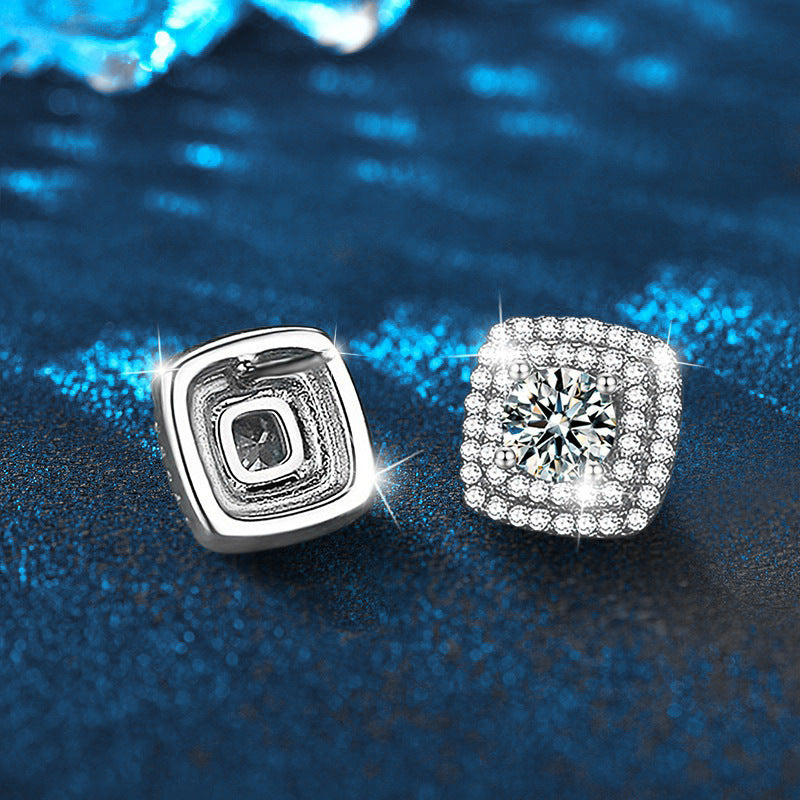 Sugar cube earrings, 925 sterling silver, moissanite, simple and everyday style.