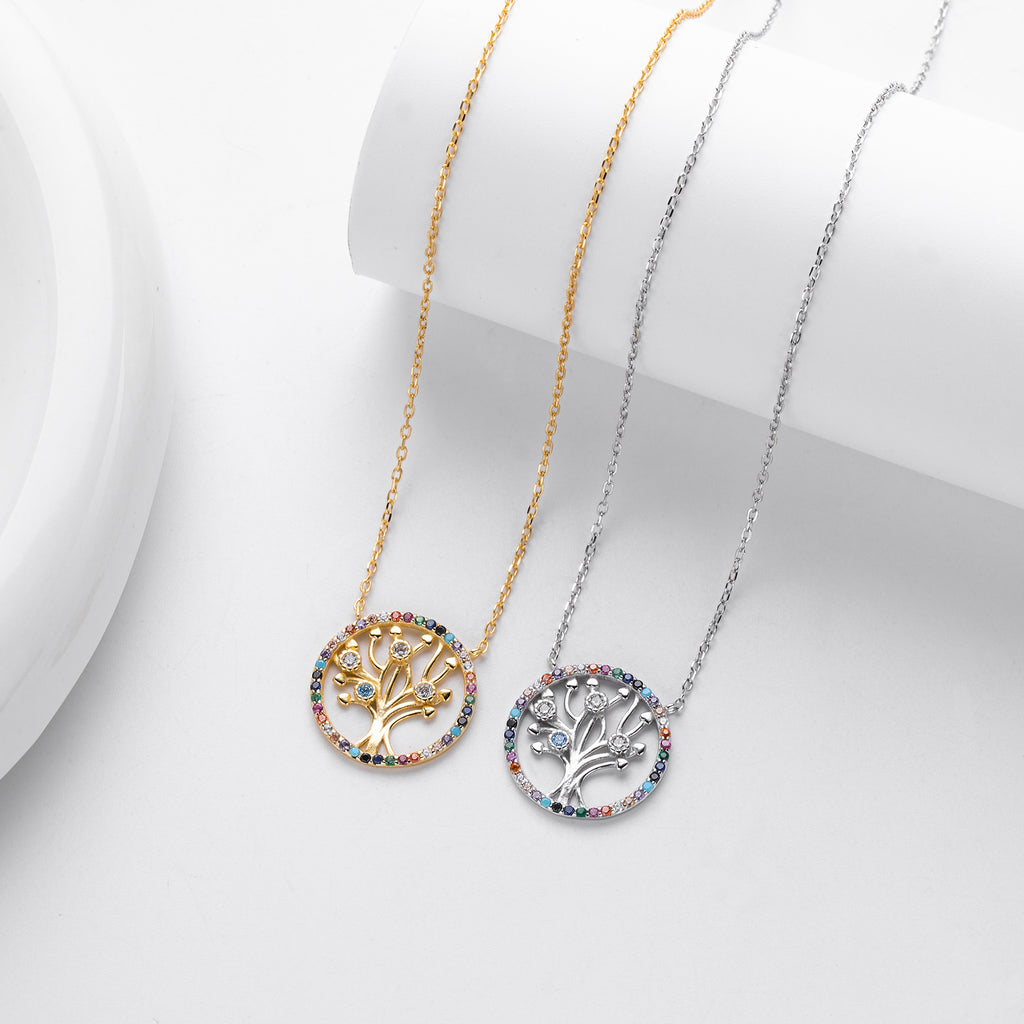 S925 Sterling Silver Colored Zircon Tree of Life Necklace