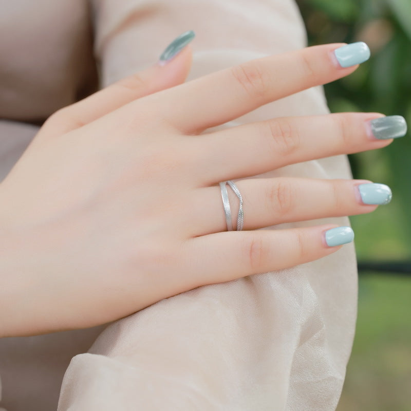 S925 Sterling Silver Feather Double Ring Two-Piece Ring Set