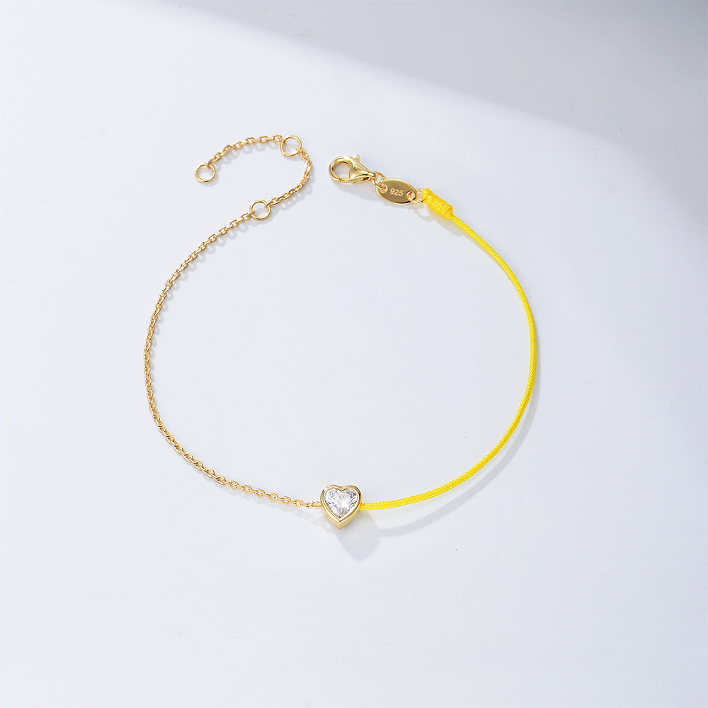 S925 Sterling Silver Heart-Shaped Zircon Stitching Colored Rope Bracelet