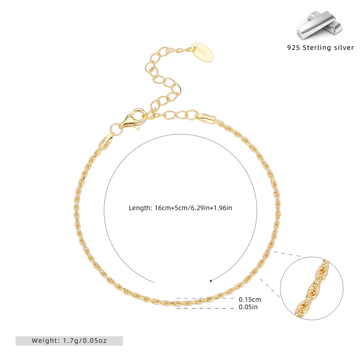 S925 Sterling Silver Twisted Rope Bracelet