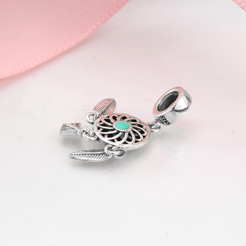 S925 Sterling Silver Dream Catcher Hollow Flower Feather Tassel Pendant