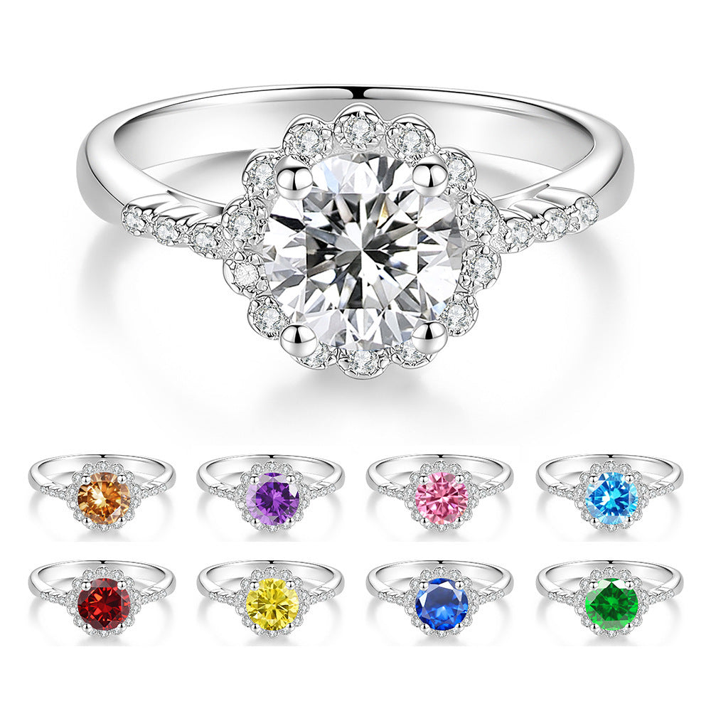 S925 Silver Flower Ring with Colored Moissanite