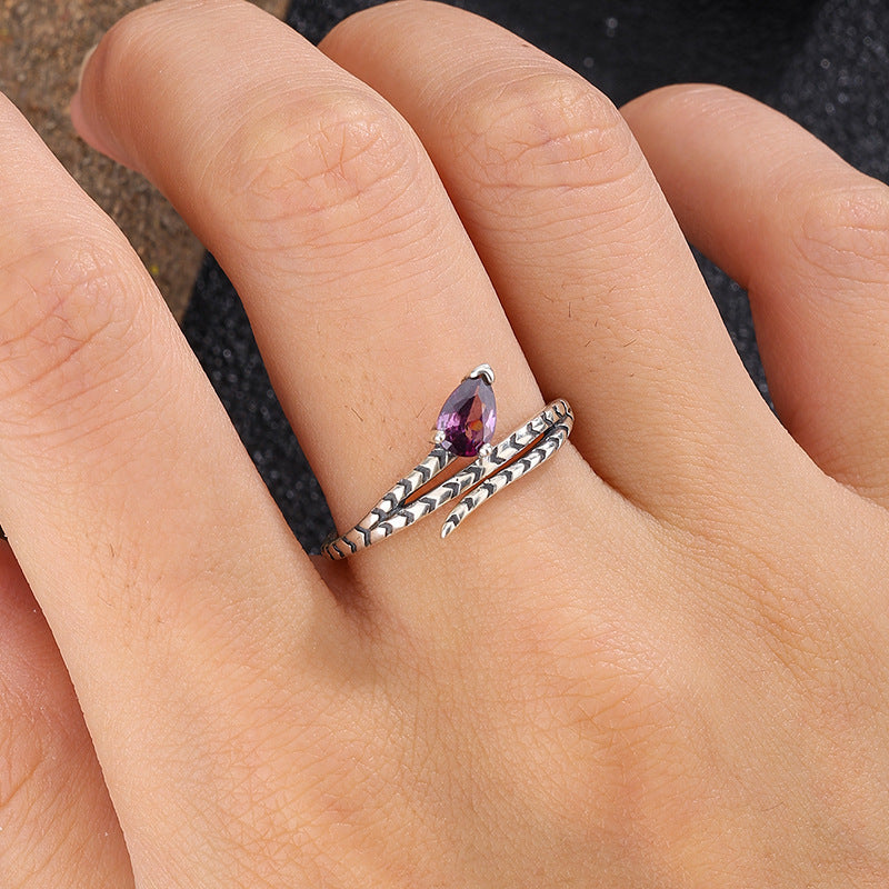 S925 Sterling Silver Halloween-Style Antiqued Snake Ring Set with Purple Zirconia
