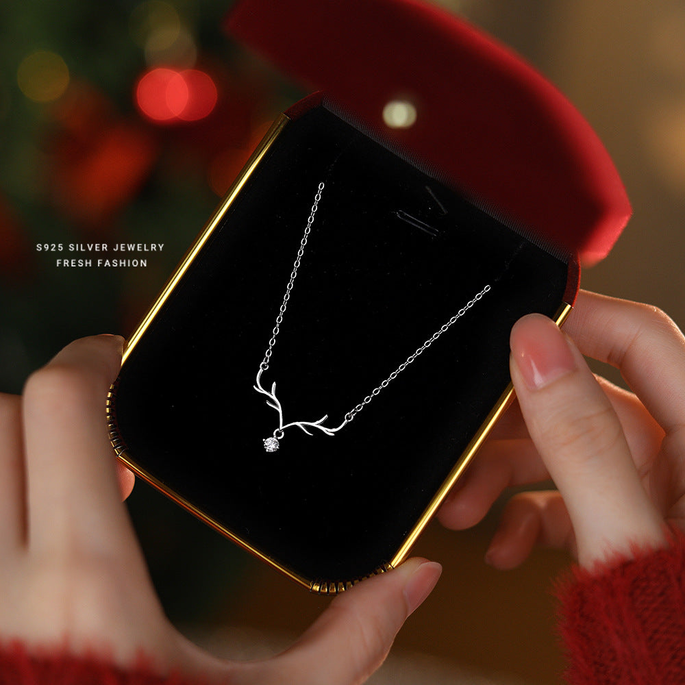 S925 Sterling Silver "Always with You" Antler Christmas Necklace