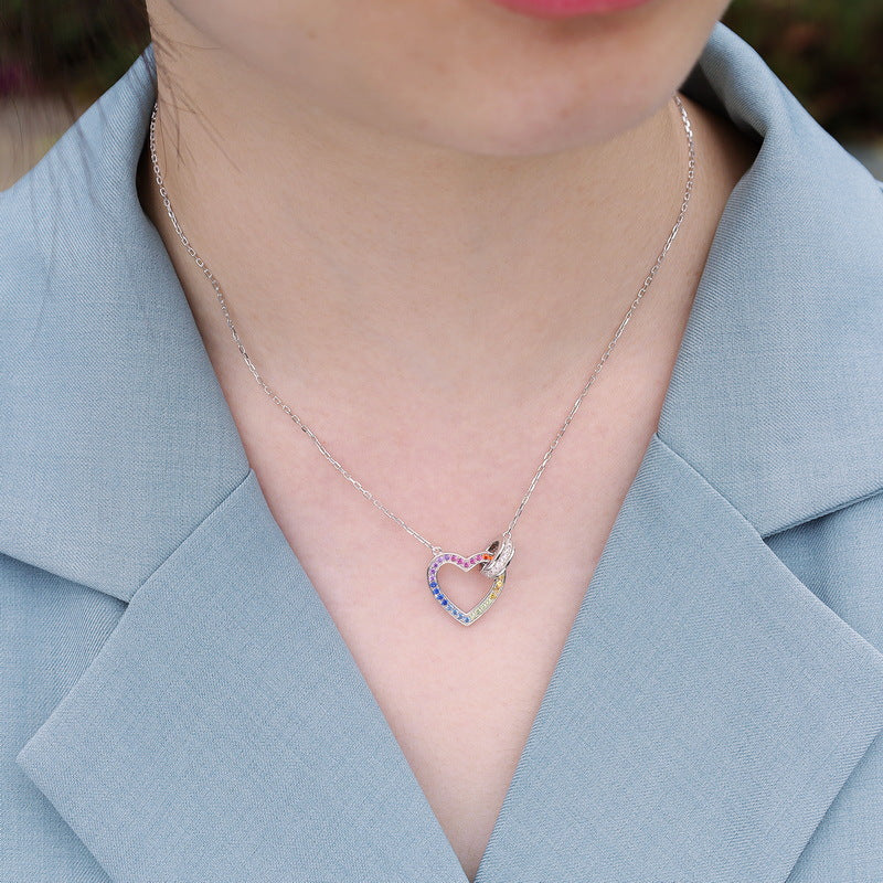 S925 Sterling Silver Full Rainbow Zircon Inlaid Heart-Shaped Necklace