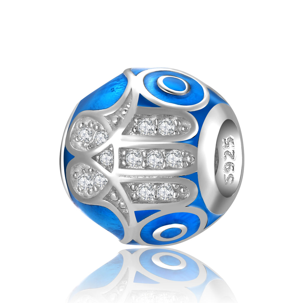 S925 Sterling Silver Blue Beaded Hand of Fatima Inlaid Zircon Pendant