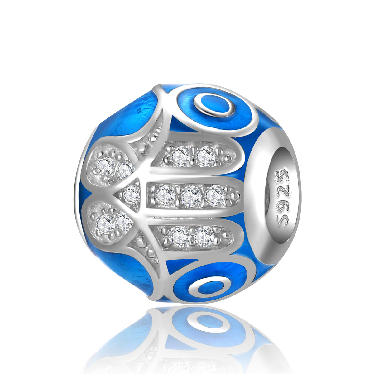 S925 Sterling Silver Blue Beaded Hand of Fatima Inlaid Zircon Pendant