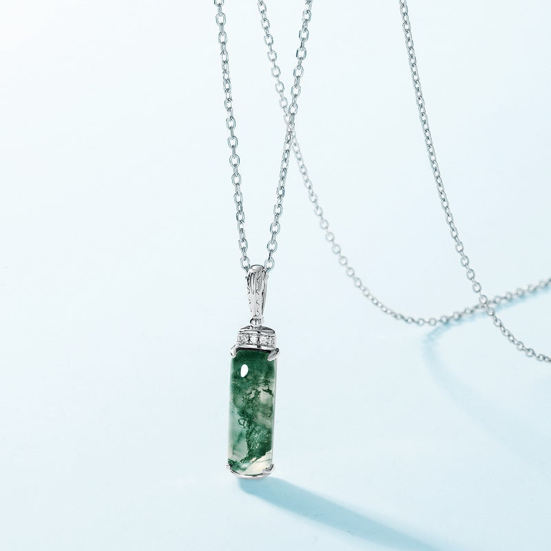 S925 Sterling Silver Gold-Plated Cylindrical Opal and Green Moss Pendant Necklace