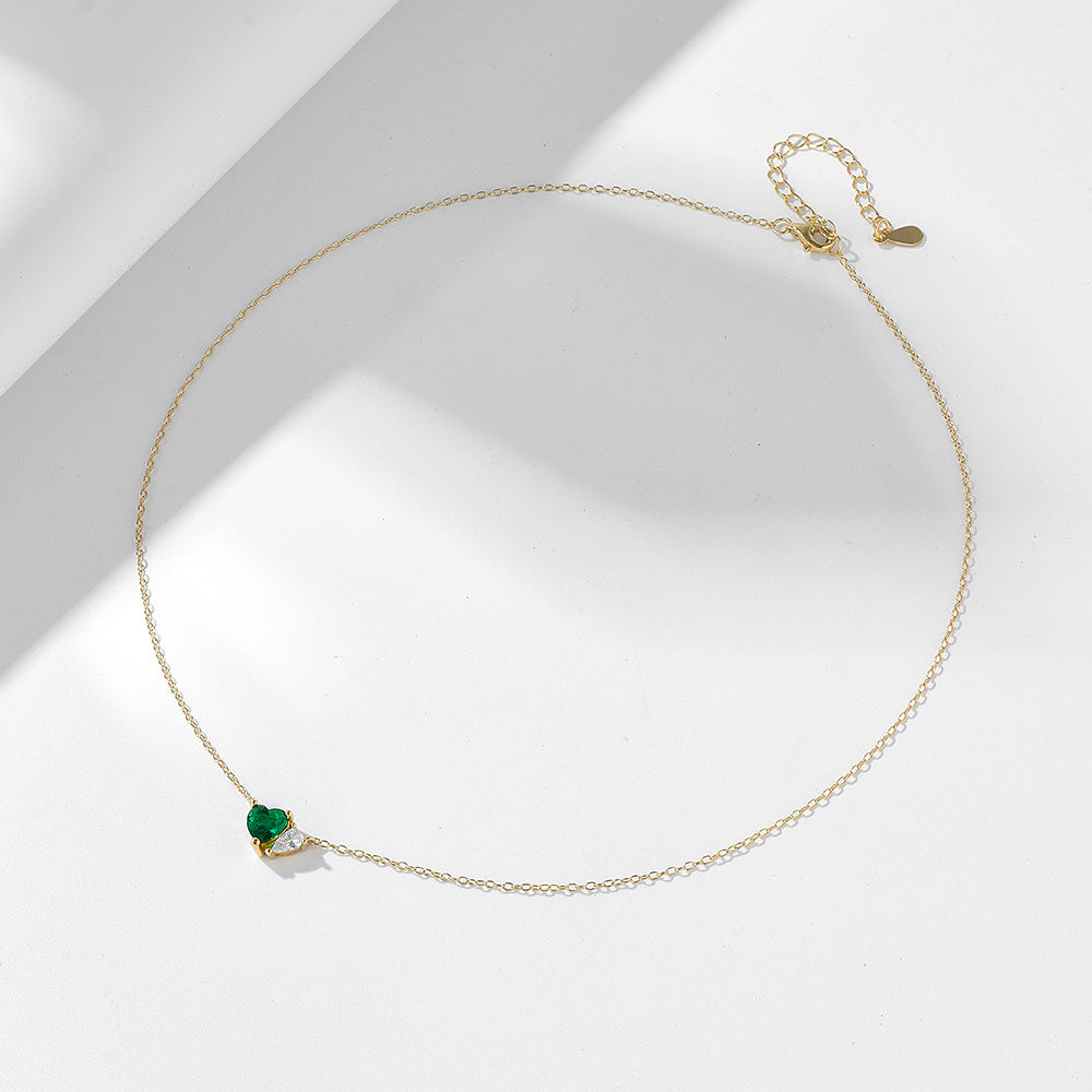 S925 Sterling Silver Emerald Heart-Shaped Zircon Necklace