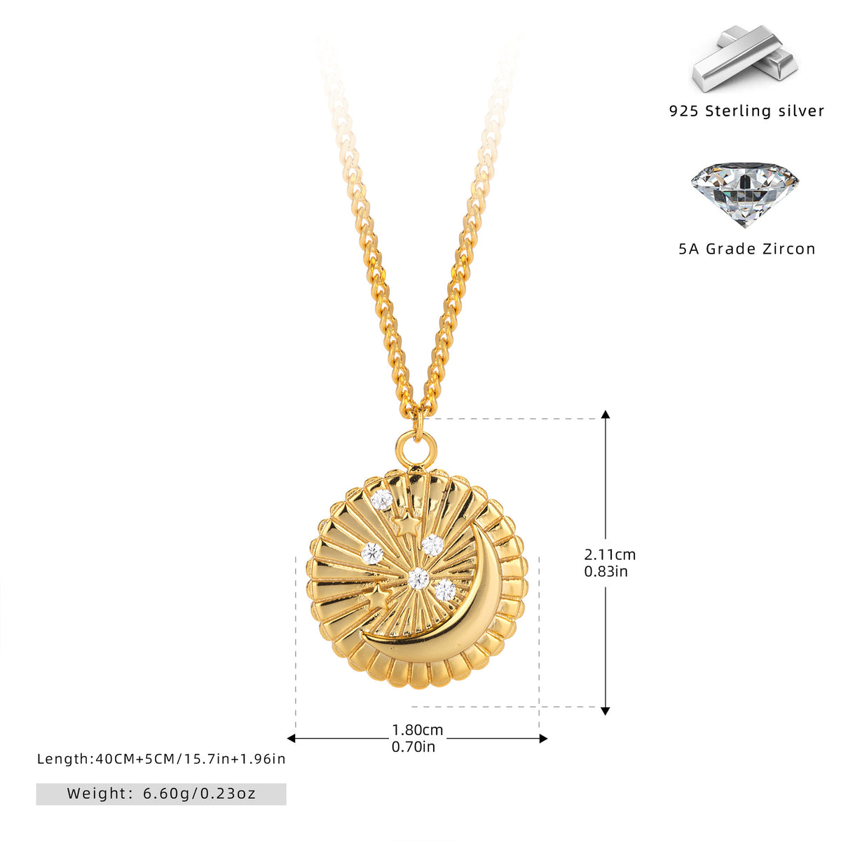 S925 Sterling Silver Star and Moon Pendant Zircon Necklace