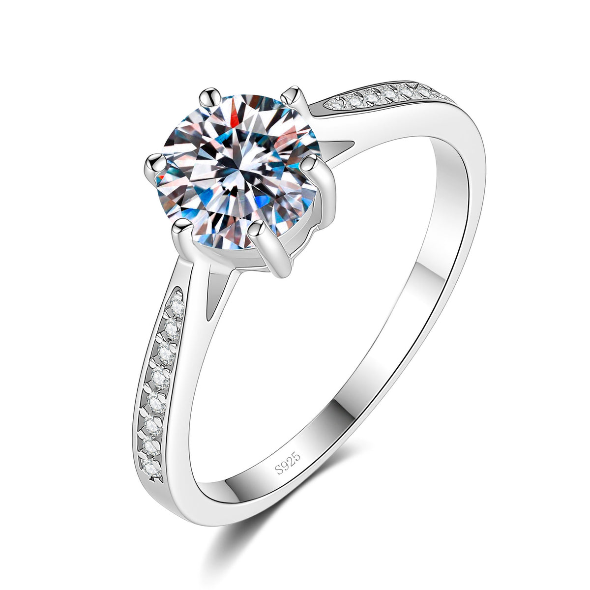 S925 Silver Six-Prong Ring with Colored Moissanite