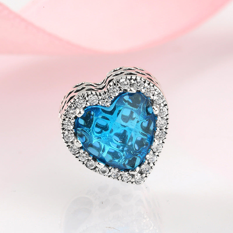 S925 Loving Heart in Sterling Silver Blue Crystal Beaded Pendant