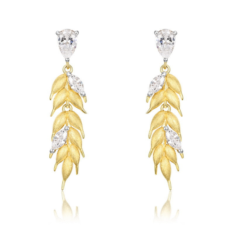 S925 Sterling Silver Gold-Plated Zircon Inlaid Wheat Tassel Earrings