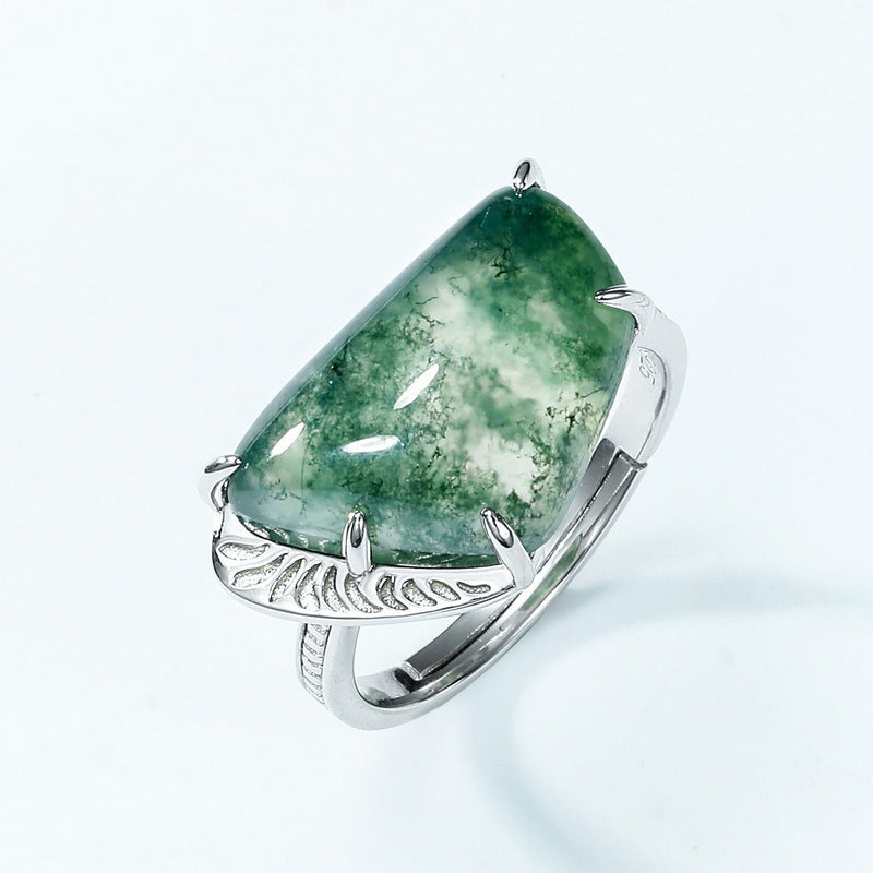 S925 Sterling Silver Geometric Moss Agate Ring