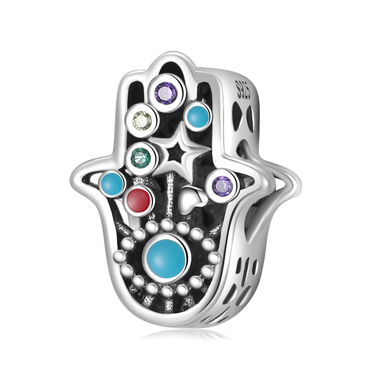 S925 Sterling Silver Fatima Bracelet Beads Colorful Zircon Pendant