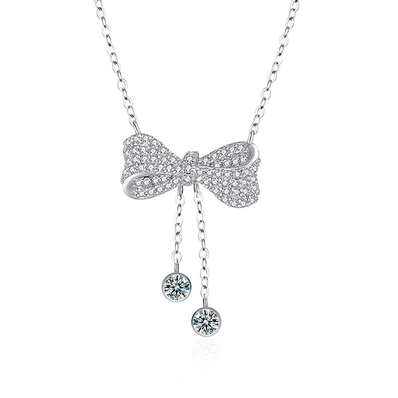 S925 Sterling Silver Moissanite Tassel Bow Pendant Necklace