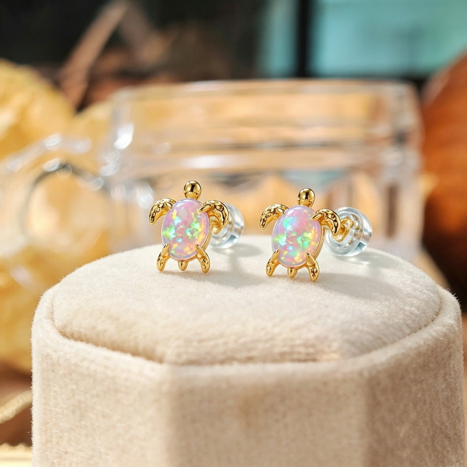 Ocean Turtle Synthetic Opal Stud Earrings 925 Sterling Silver