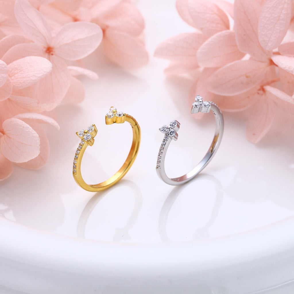 925 Sterling Silver Ring with Adjustable Opening and Zirconia for Delicate Small Flowers