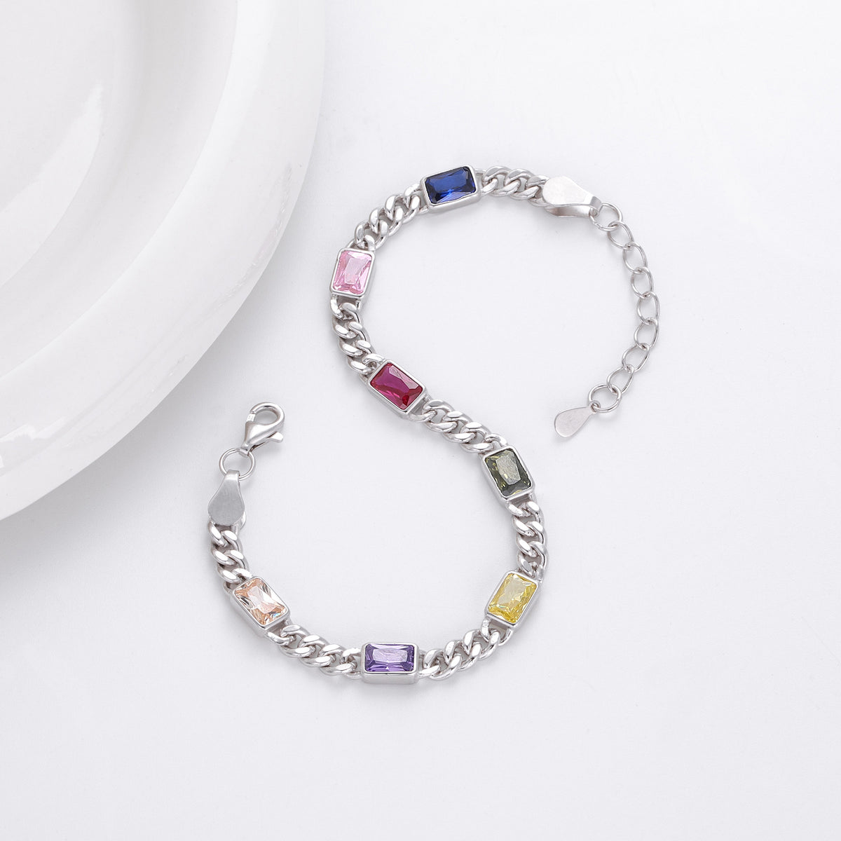 925 Sterling Silver Bracelet with Colorful Square Stones