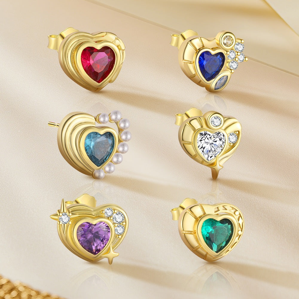 S925 Sterling Silver Heart Stud Earrings with Colorful Cubic Zirconia