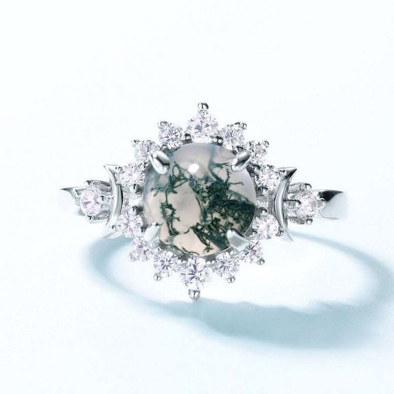 S925 Sterling Silver Ring Inlaid with Moss Agate