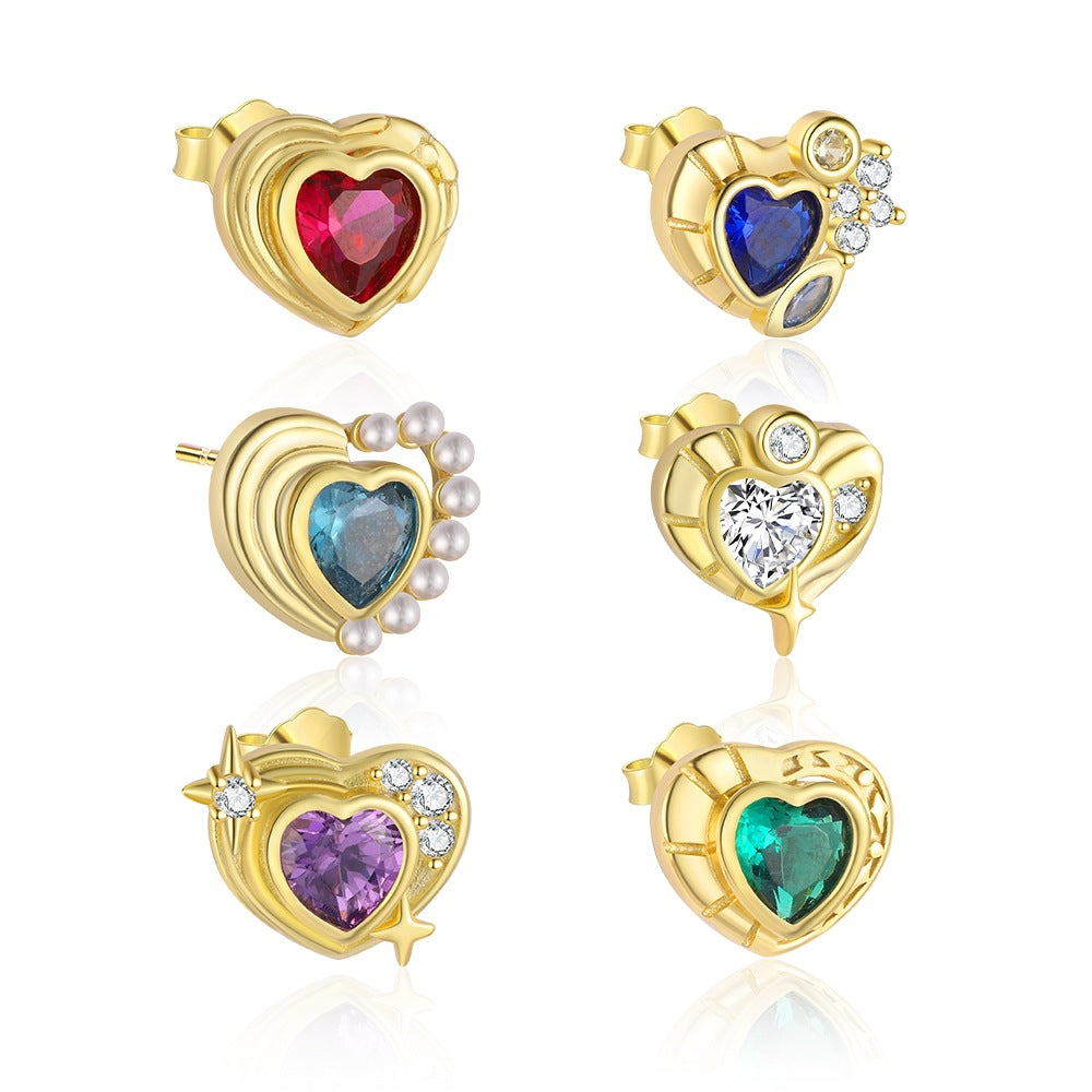 S925 Sterling Silver Heart Stud Earrings with Colorful Cubic Zirconia