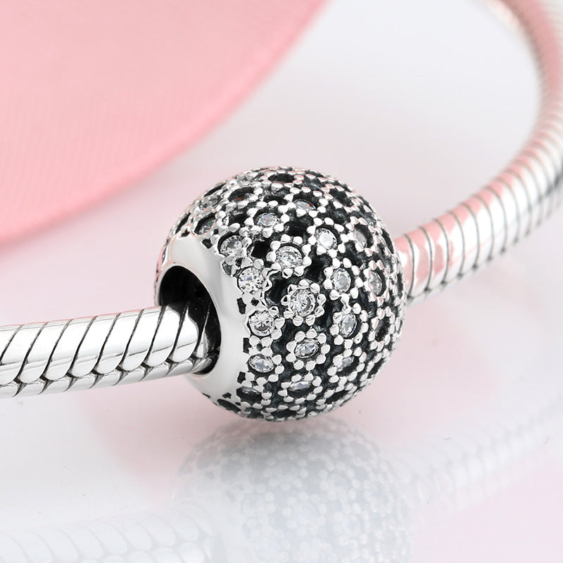 S925 Sterling Silver Spherical Hollow-out Dense Inlaid Zircon Flower Bead Pendant