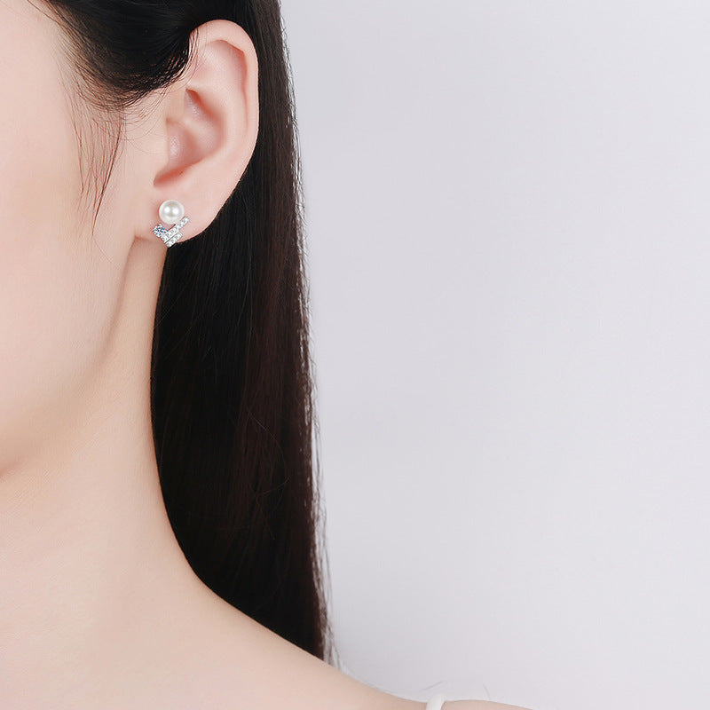 Natural Freshwater Pearl Stud Earrings, Set in 925 Sterling Silver with Moissanite Accents