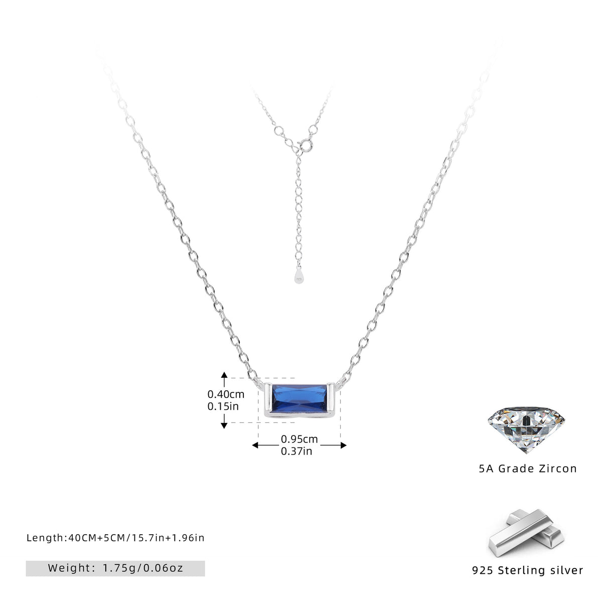 Rectangular colored zircon s925 sterling silver December birthstone collar necklace