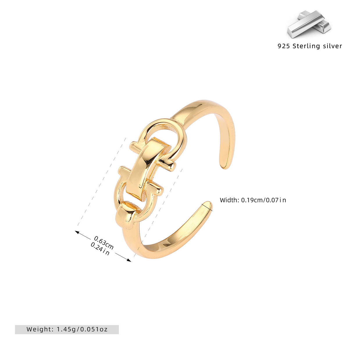 S925 Sterling Silver Trendy Leather Buckle Double D Opening Ring