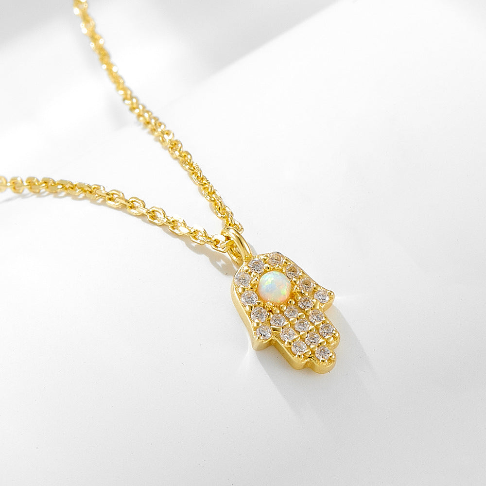 S925 Sterling Silver Fatima Hand Zircon Inlaid Necklace