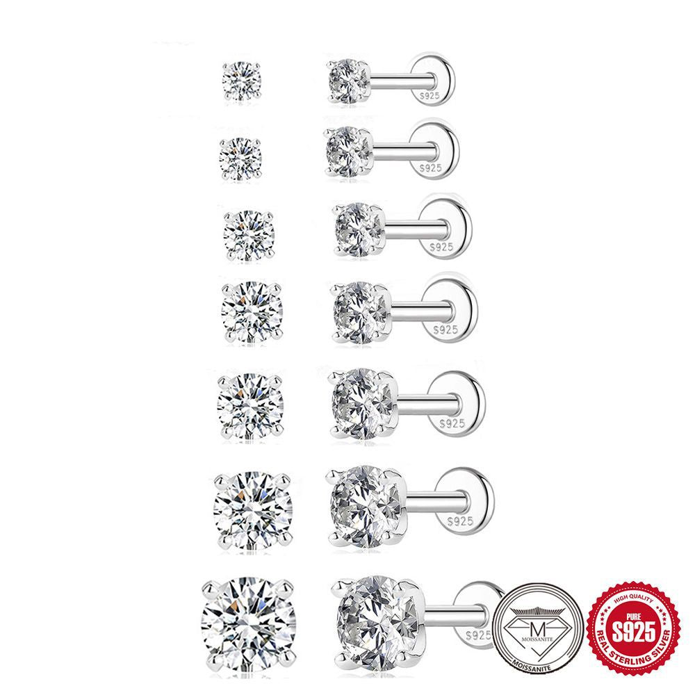 S925 Sterling Silver 4-Prong Flat-Back Moissanite Stud Earring