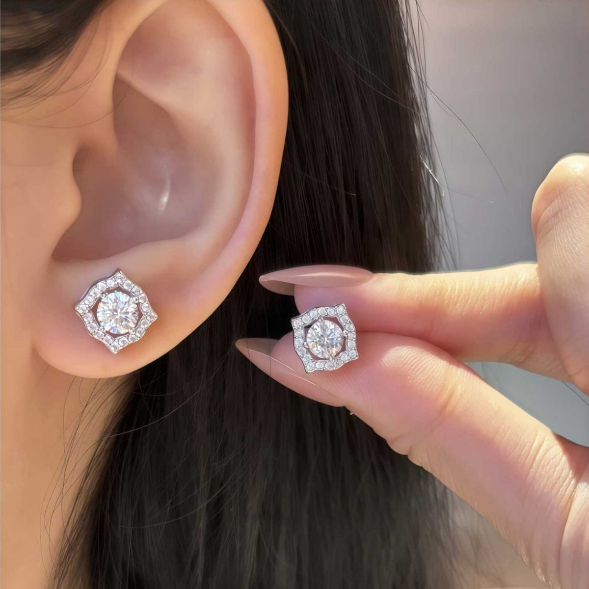 S925 Sterling Silver Square Moissanite Stud Earrings with "Starry Sky" Faceting