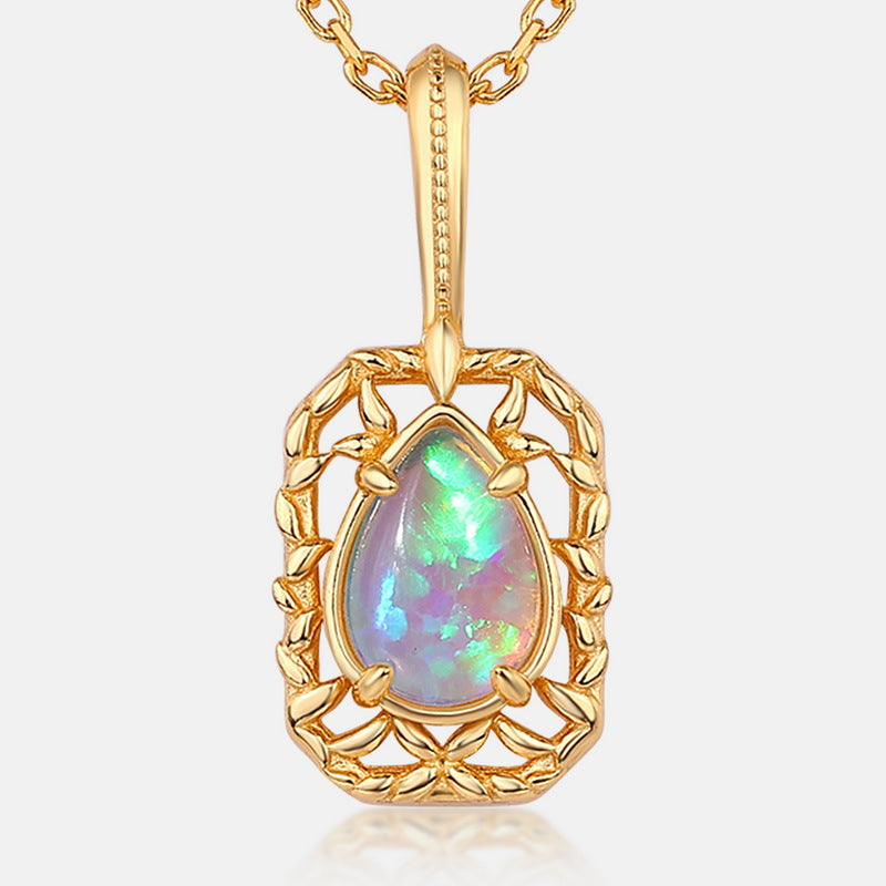 S925 Sterling Silver Gold-Plated Openwork Opal Pendant Necklace
