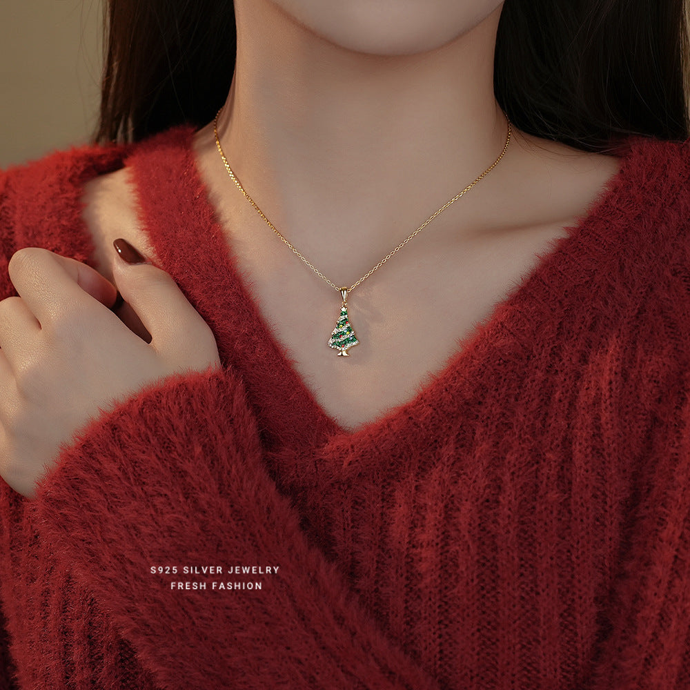 S925 Sterling Silver Christmas Tree Necklace with Colorful Zirconia