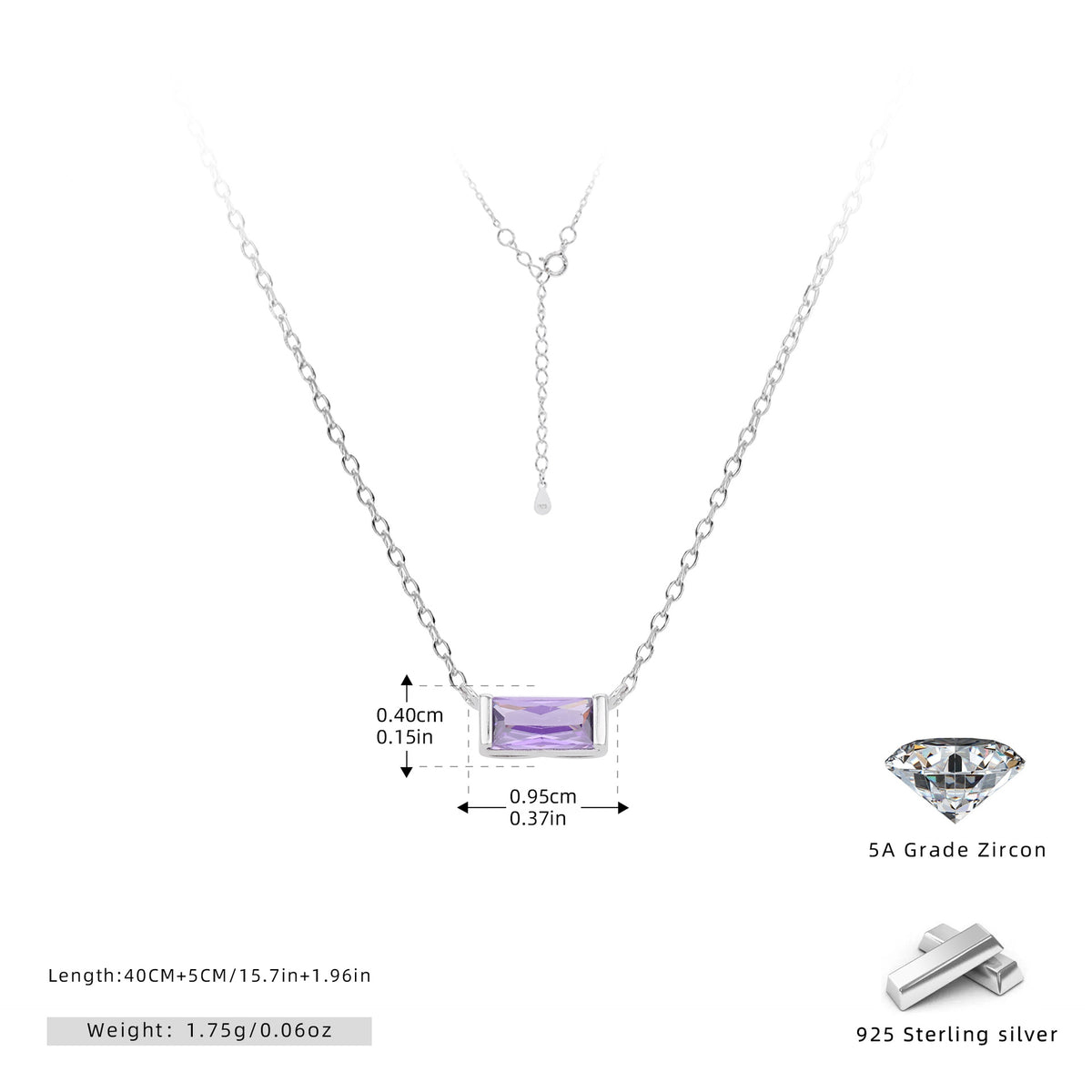 Rectangular colored zircon s925 sterling silver December birthstone collar necklace